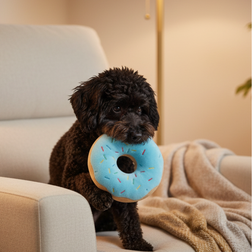 Medium dog holding a blue plush donut toy with sprinkles and center hole