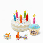 Plush birthday dog toy set: cake, cupcake, and small bone plush with candles