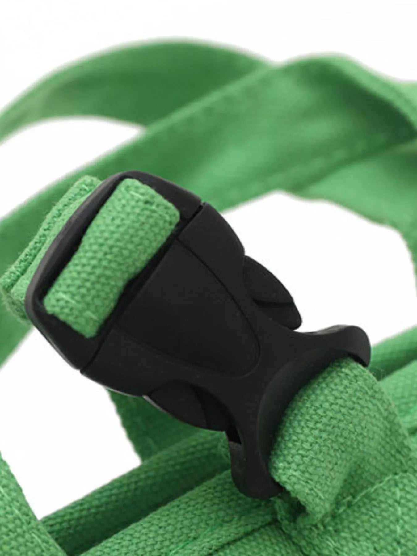 Green portable pet carrier harness with black buckle and secure strap connector