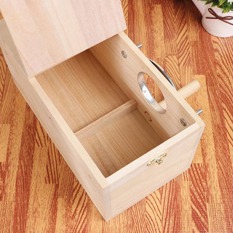 Pine wooden birdhouse with open interior and circular access opening