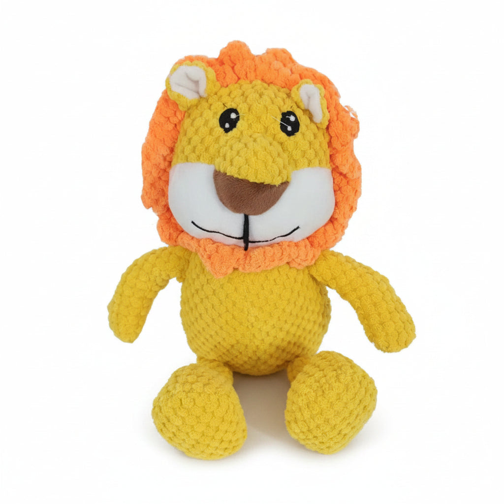 Orange and yellow plush animal doll with black eyes and smiling stitched mouth