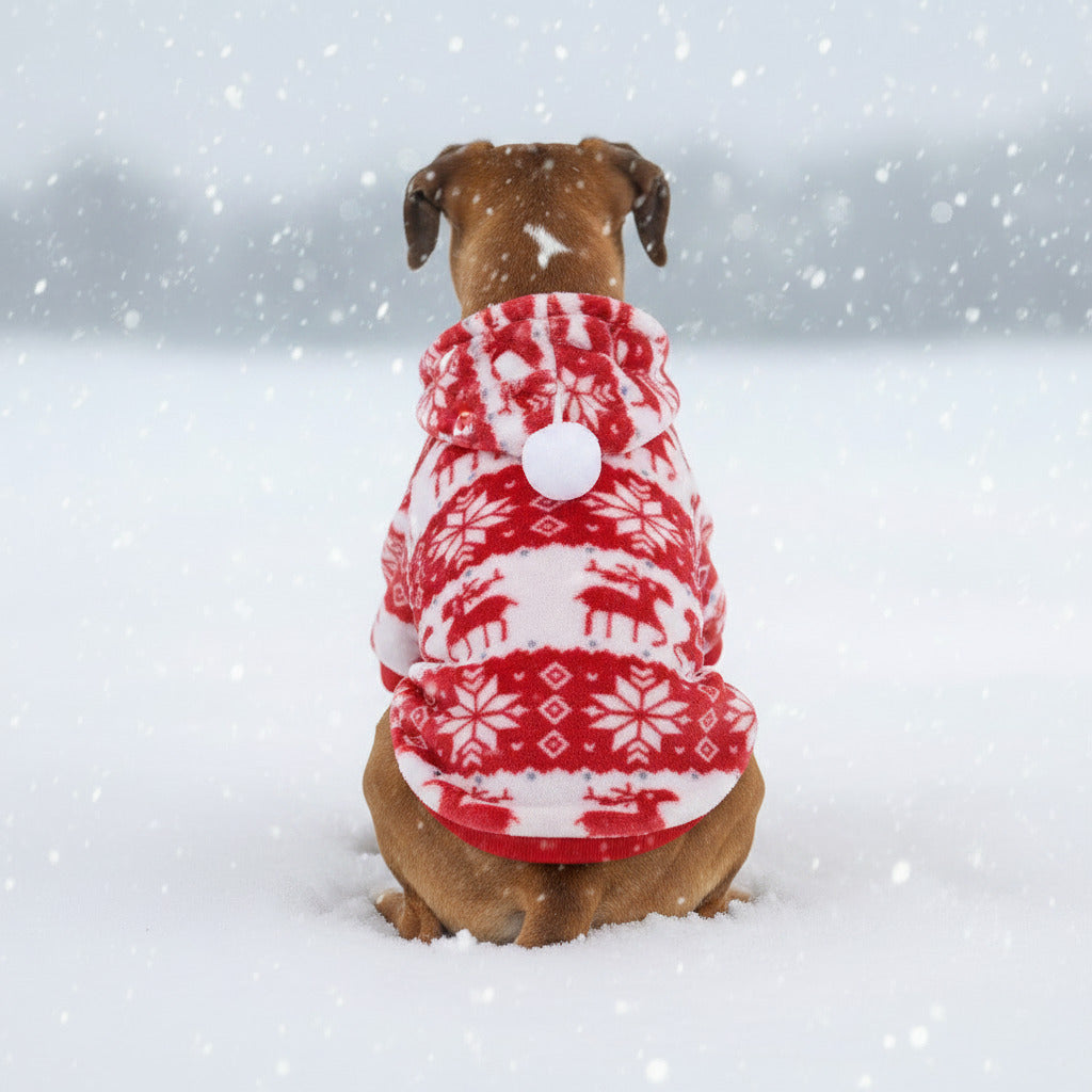 Pet sweater with hood, red/white fair isle knit with deer and snowflakes, pom