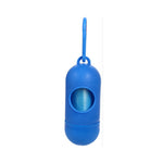 Blue pet waste bag dispenser holder with strap and integrated bag opening