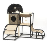 Cat climbing tree condo with leopard-print fabric, black frame, and arched top tunnel dome.