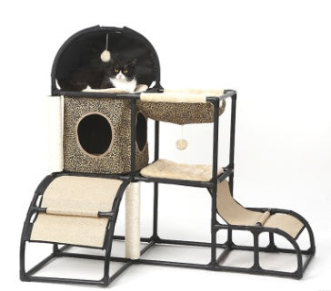 Cat climbing tree condo with leopard-print fabric, black frame, and arched top tunnel dome.