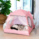 Pink pet tent bed with mesh doorway and side pet cushion, cat resting inside