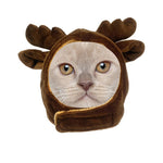 Elk plush pet hat with brown antlers and gray cat face opening