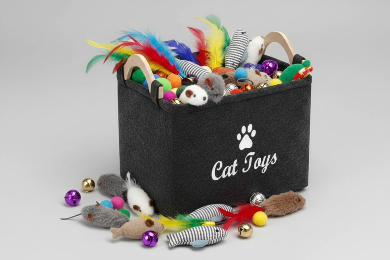 Dark grey felt storage basket with paw-print logo and handles, filled with cat toys