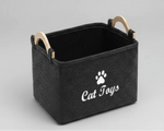 Dark grey felt storage basket with cat paw emblem and side handles