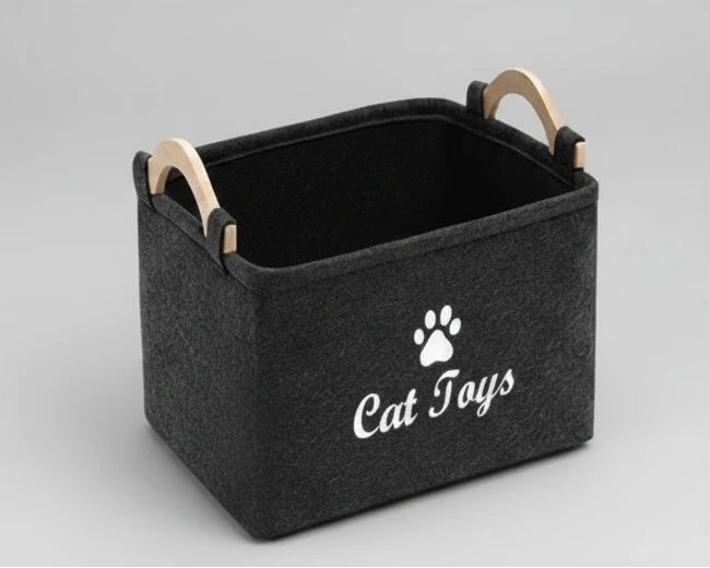 Dark grey felt storage basket with cat paw emblem and side handles