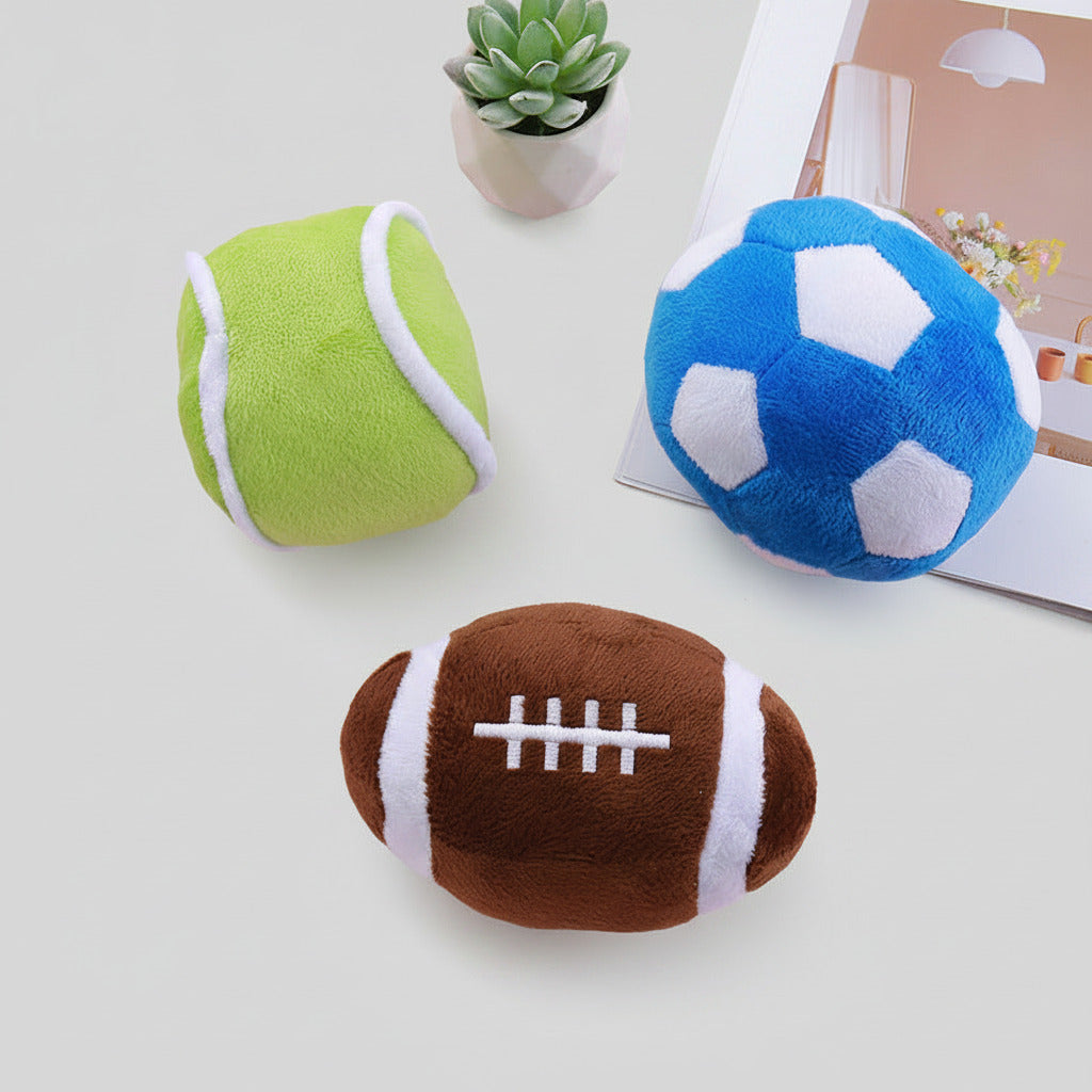 Plush squeaky dog ball toys: lime green, blue soccer, and brown football designs