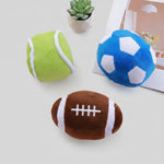 Plush squeaky dog ball toys: lime green, blue soccer, and brown football designs