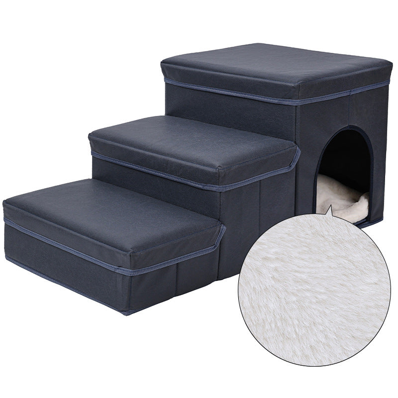 Navy padded dog stairs with three steps and a side cave bed, round side pad