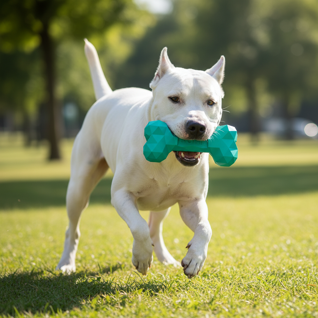 Hund hält ein türkisfarbenes Diamond Bone Slow-Feeding-Kauholz im Maul