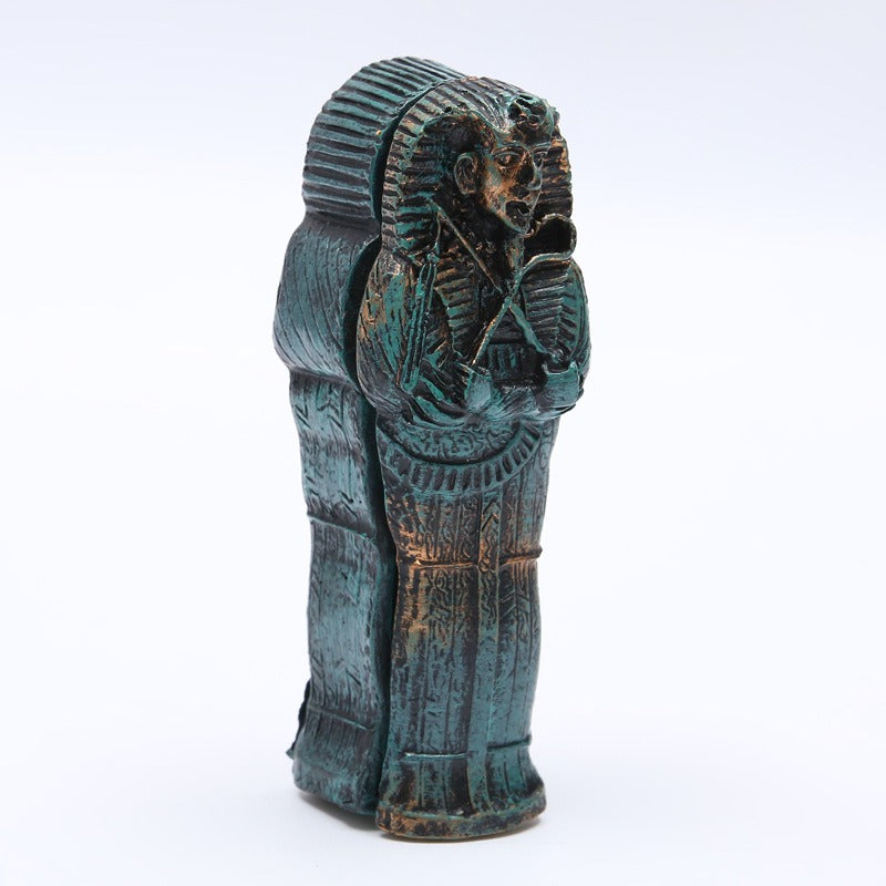 Mummy coffin fish tank ornament, teal sculpted sarcophagus with mummy head detail