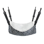 Cat cage hanging hammock bed with blue wave print and plush white lining, four straps