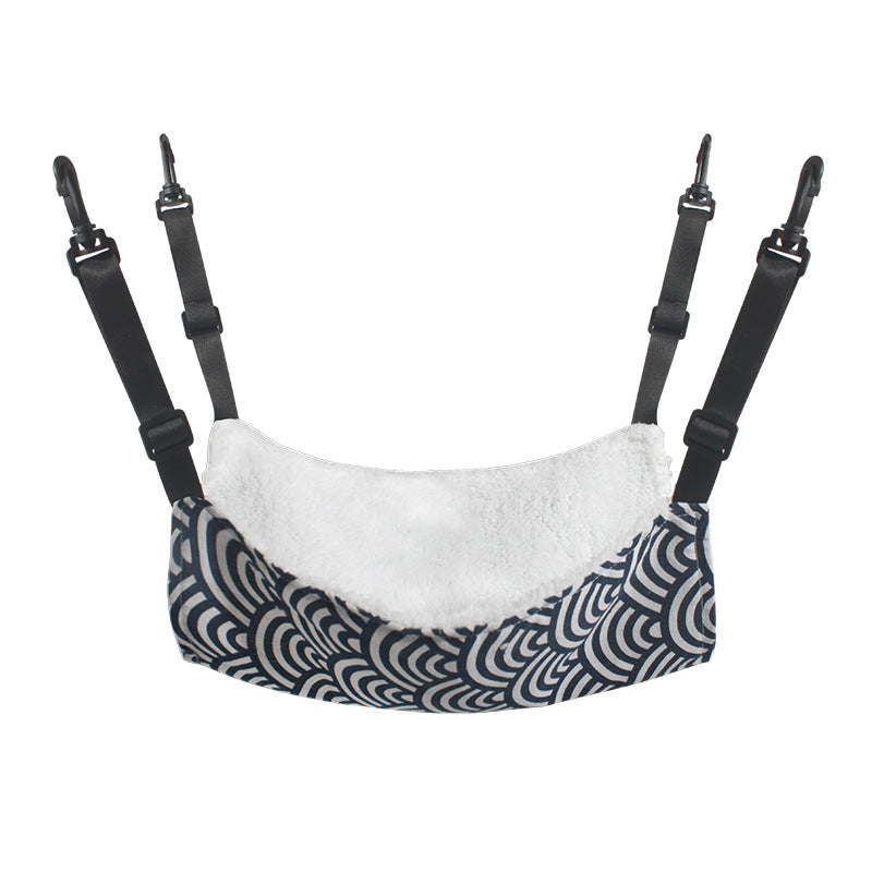 Cat cage hanging hammock bed with blue wave print and plush white lining, four straps