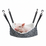 Hanging cat hammock bed with black wave pattern fabric and soft white lamb fleece insert