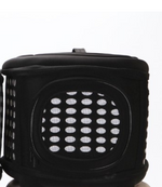 Foldable pet carrier handbag in black with front mesh window and perforated sides