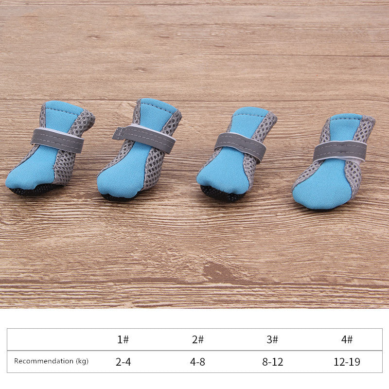 Blue dog soft-soled pet shoes with speckled sides and gray hook straps