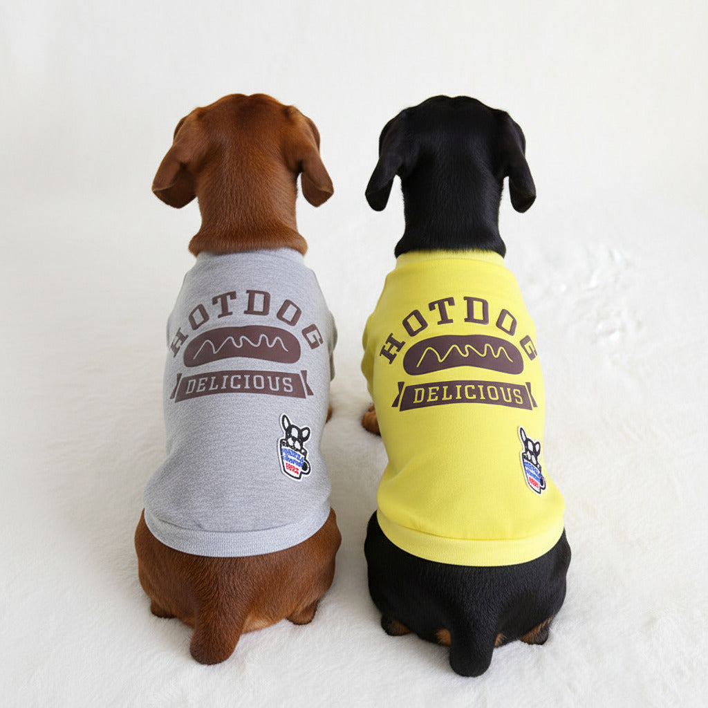 Dog hoodie set: grey and yellow versions with Hotdog Delicious back graphic