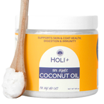 Pet coconut oil jar with white lid and wooden spoon holding white coconut