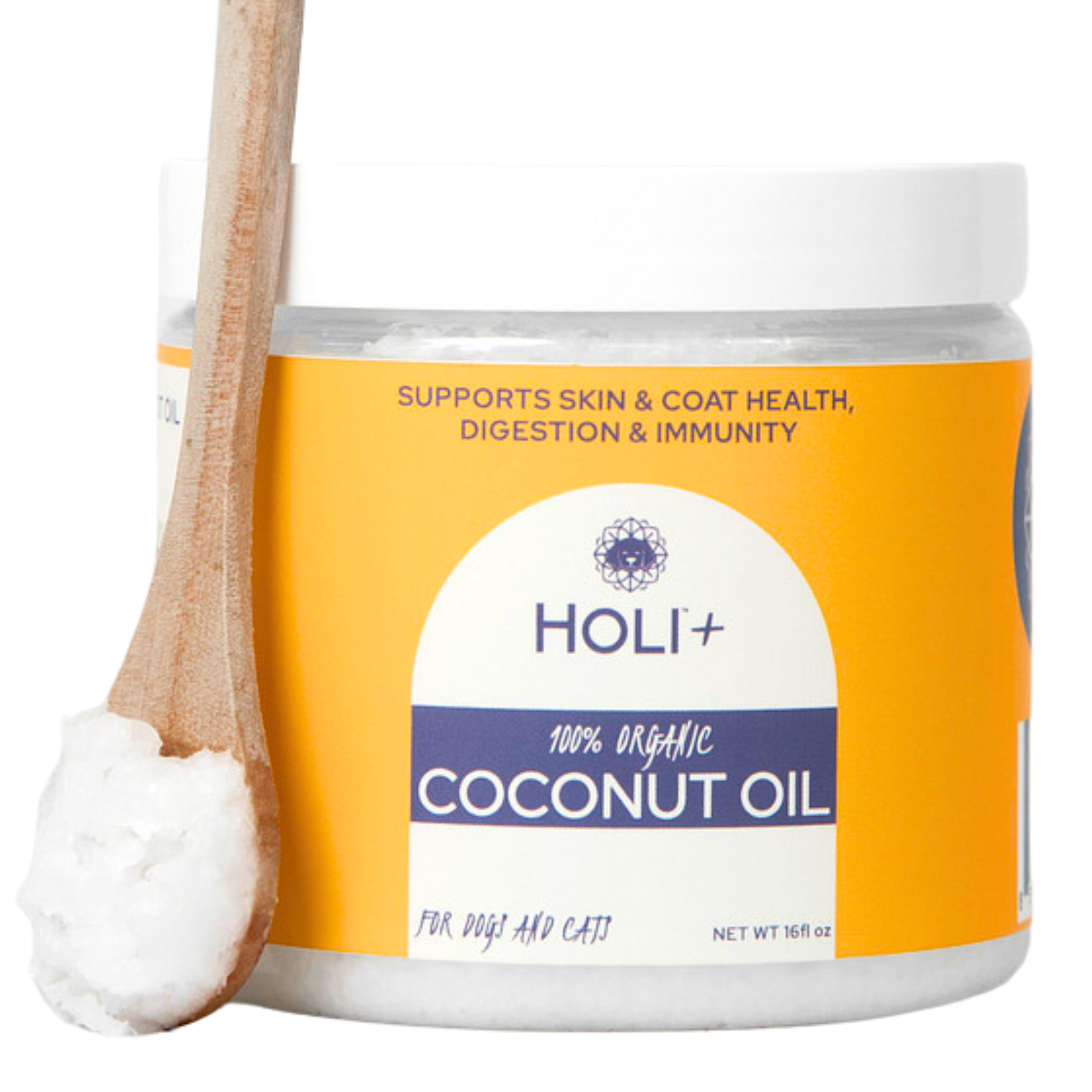 Pet coconut oil jar with white lid and wooden spoon holding white coconut