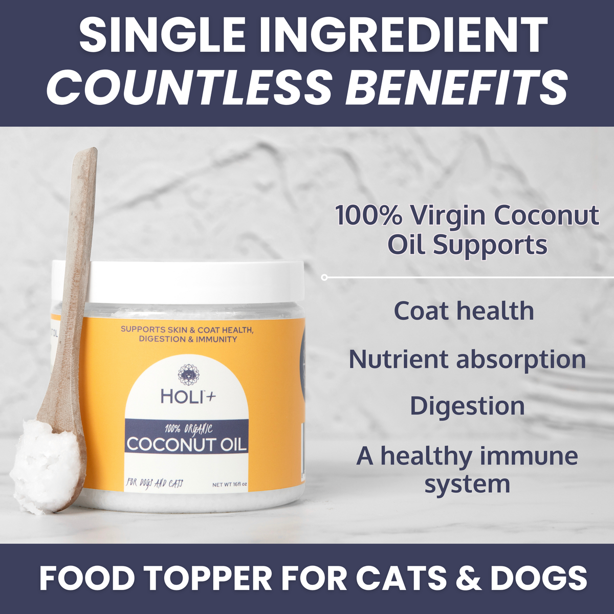 Pet coconut oil jar with wooden spoon and coat, digestion benefit callouts