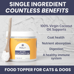 Pet coconut oil jar with wooden spoon and coat, digestion benefit callouts