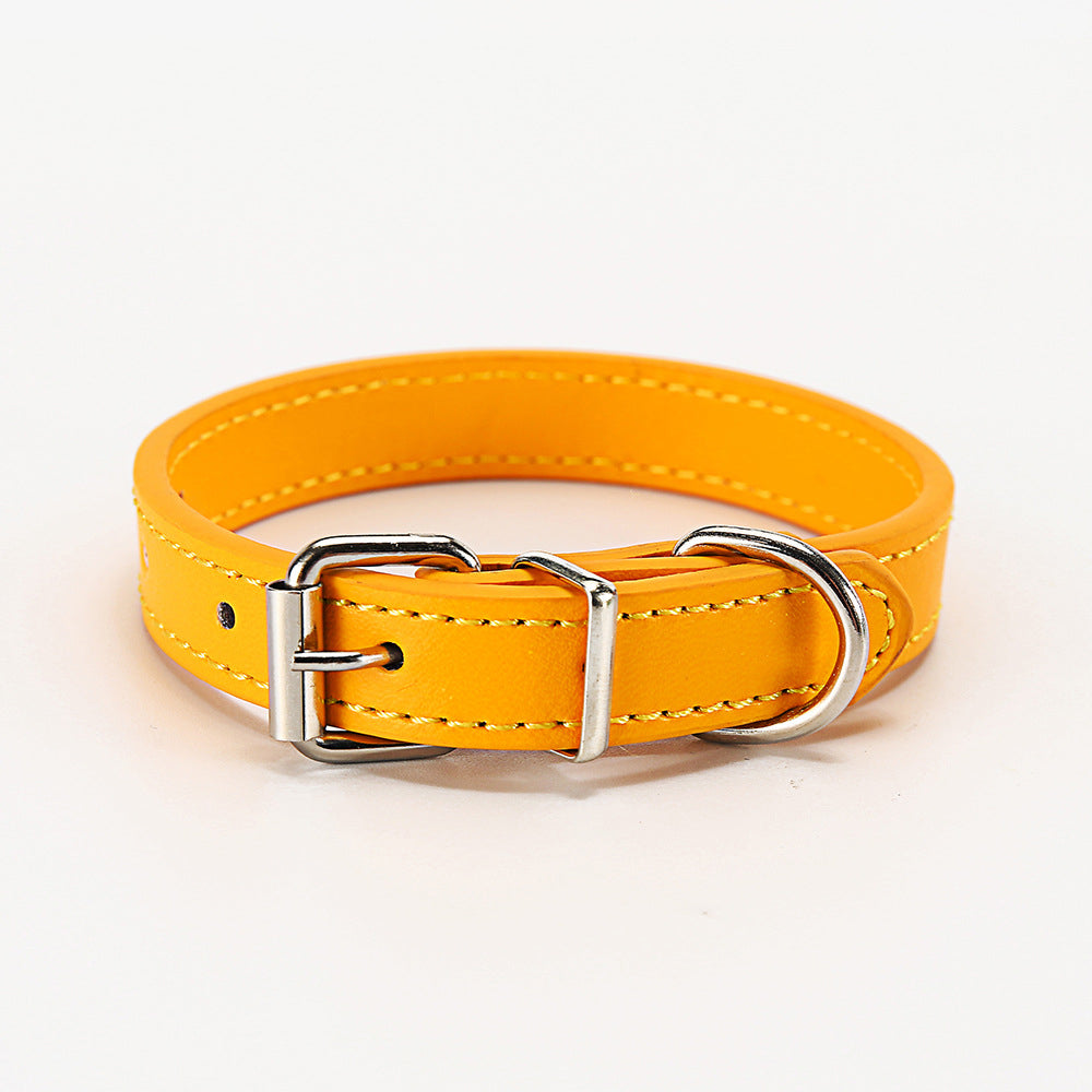 Gold PU leather dog collar with metal D-ring and buckle, stitched strap