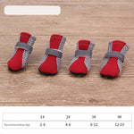 Red dog soft-soled pet shoes with gray hook-and-loop straps, 4 pairs.