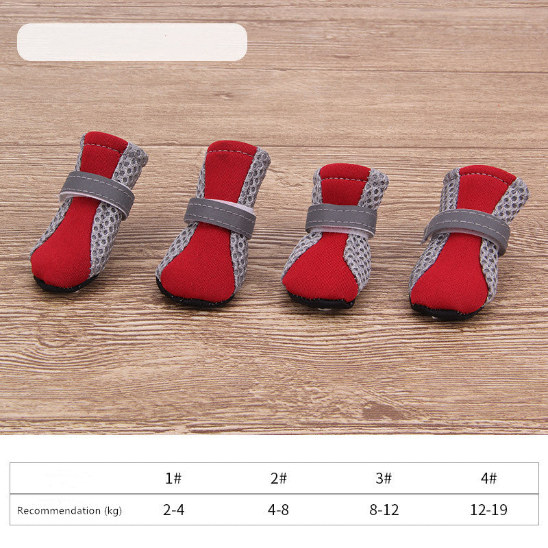Red dog soft-soled pet shoes with gray hook-and-loop straps, 4 pairs.