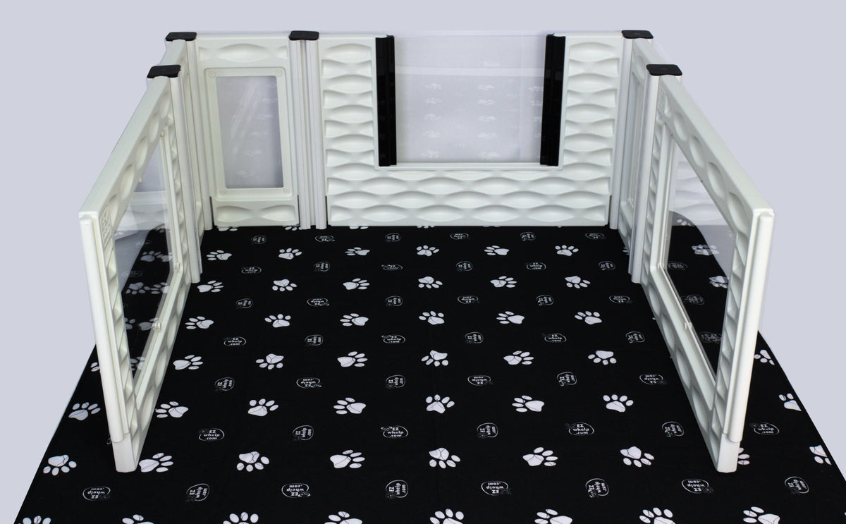 Windowed add-on room insert with black paw-print base and white rails