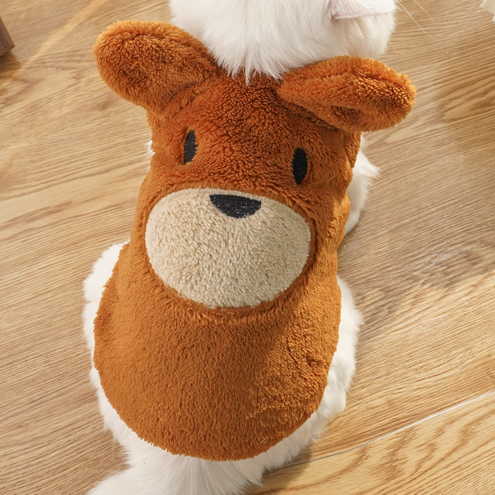 Bear ears fleece-lined dog sweater, puppy brown teddy bear face with rounded ears