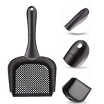 Black plastic cat litter scoop with perforated tray, long handle, and hanging hook