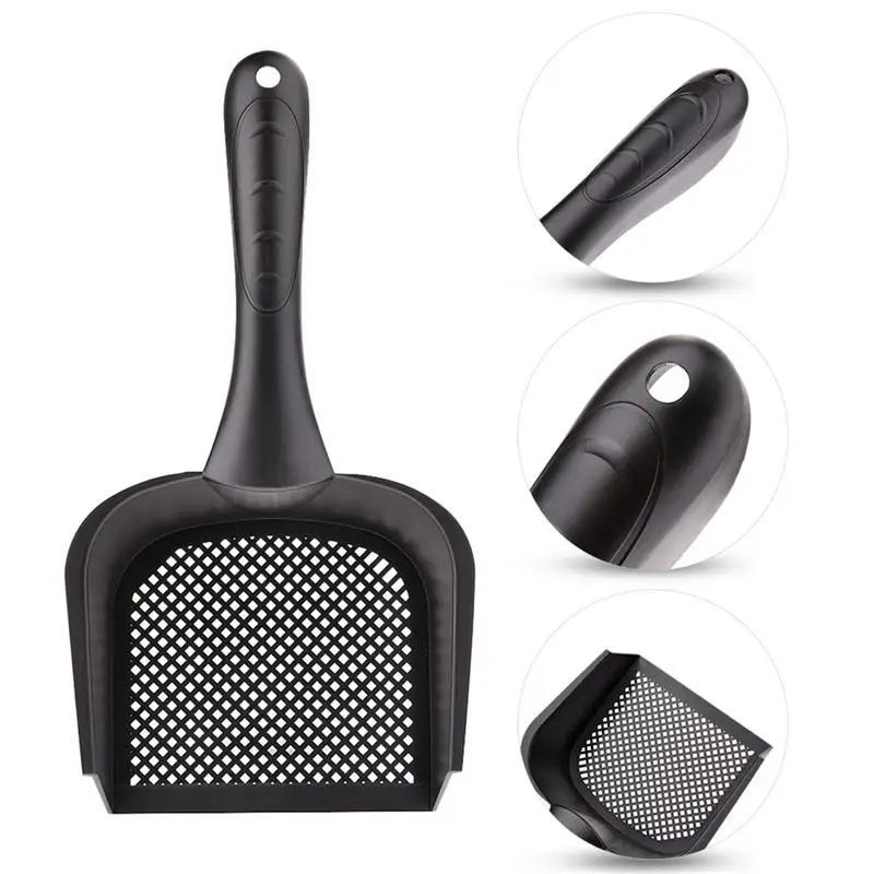 Black plastic cat litter scoop with perforated tray, long handle, and hanging hook