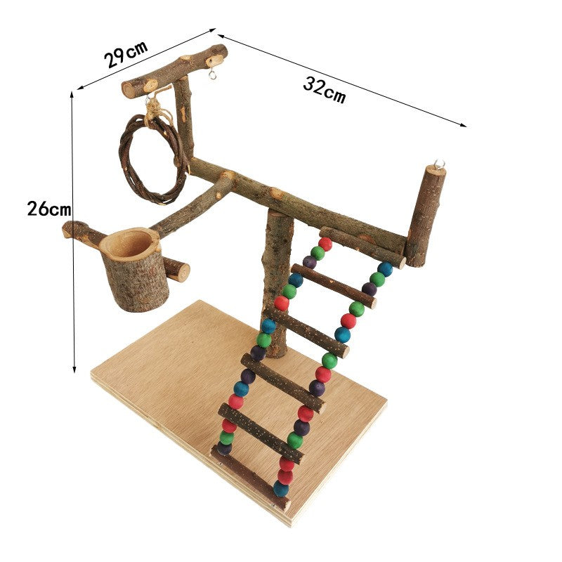 Wood parrot training shelf with branch perches, beaded ladder, and hanging rope cup holder.