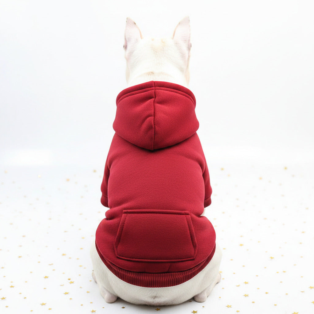 Dog sweater with front pocket patch, red knit with matching hood and cuffs