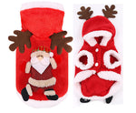Red holiday pet four-leg sweater with white trim, antler hood, and button details