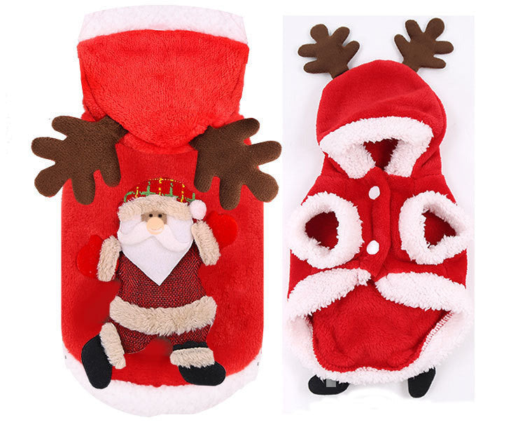 Red holiday pet four-leg sweater with white trim, antler hood, and button details