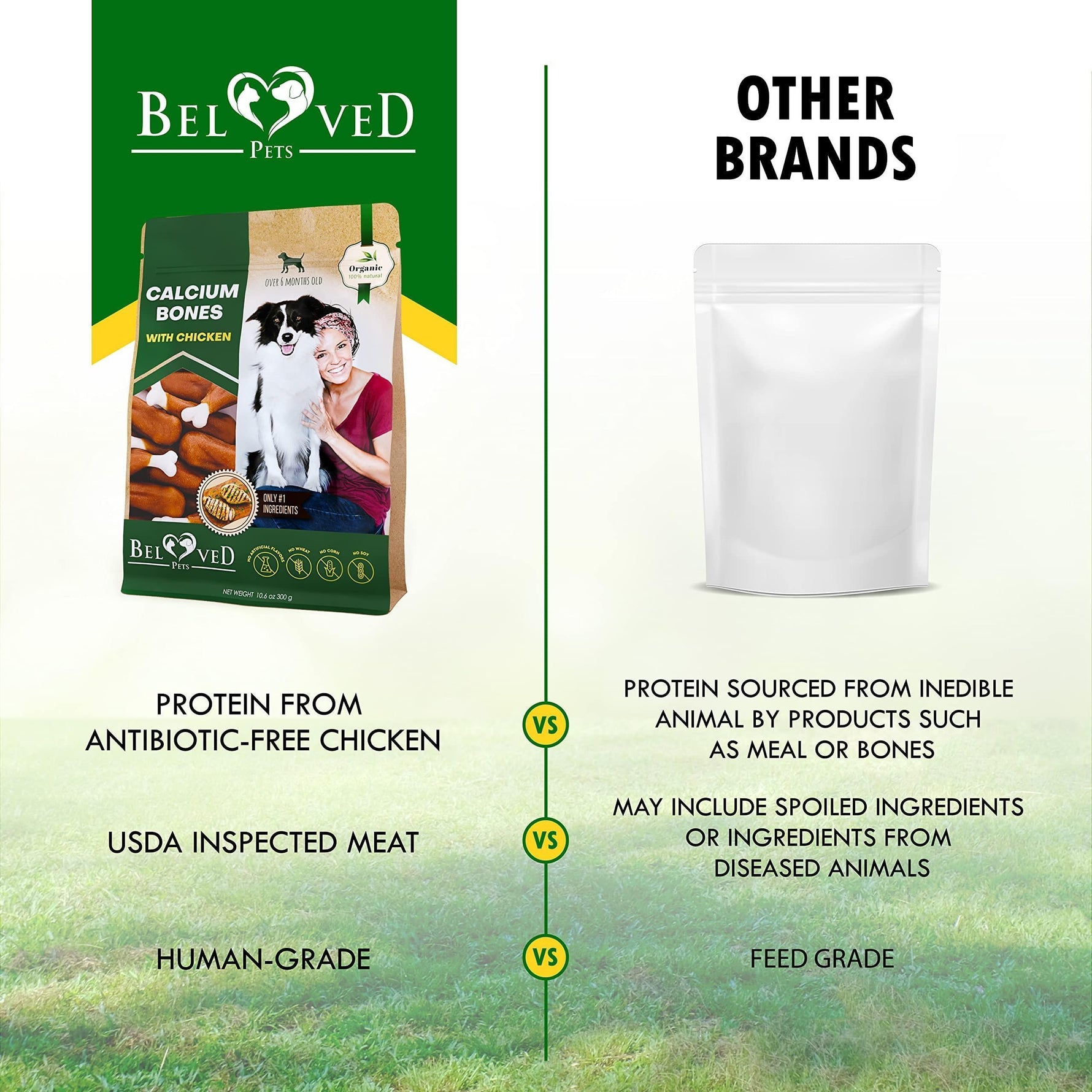 Calcium bones with chicken dog chew pouch next to other-brands comparison panel