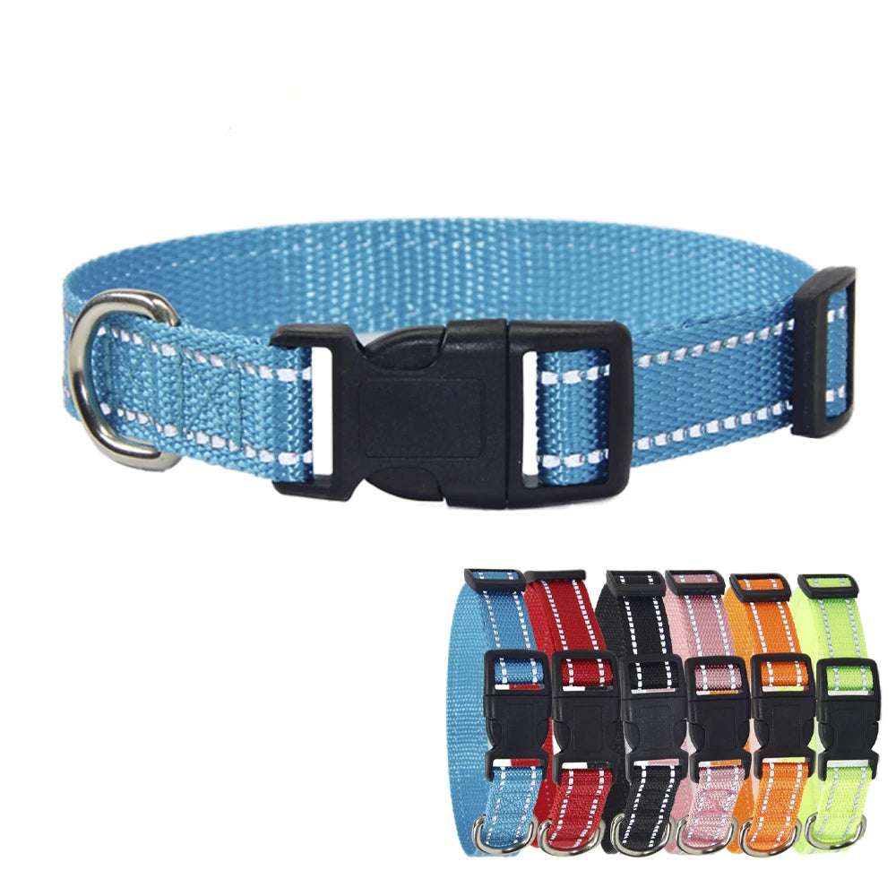 Blue woven dog collar with black buckle and metal D-ring