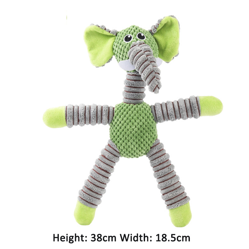 Green plush elephant sound toy with gray ribbed trunk and outstretched arms