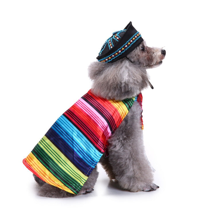 Rainbow striped dog costume with black patterned hat and multicolor poncho-style top