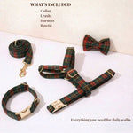 Red and green tartan dog collar, leash, harness and bow tie included