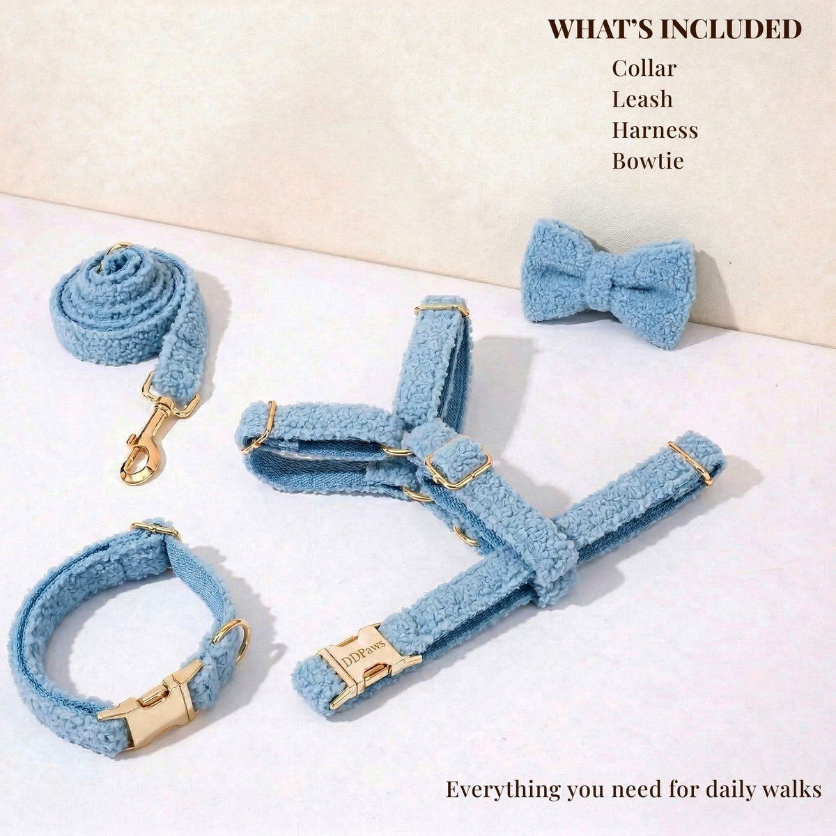 Light blue teddy dog collar, harness and leash set with bowtie and gold hardware