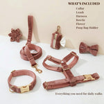 Dusty pink velvet dog walk set with collar, leash, harness, bowtie, flower, poop bag holder