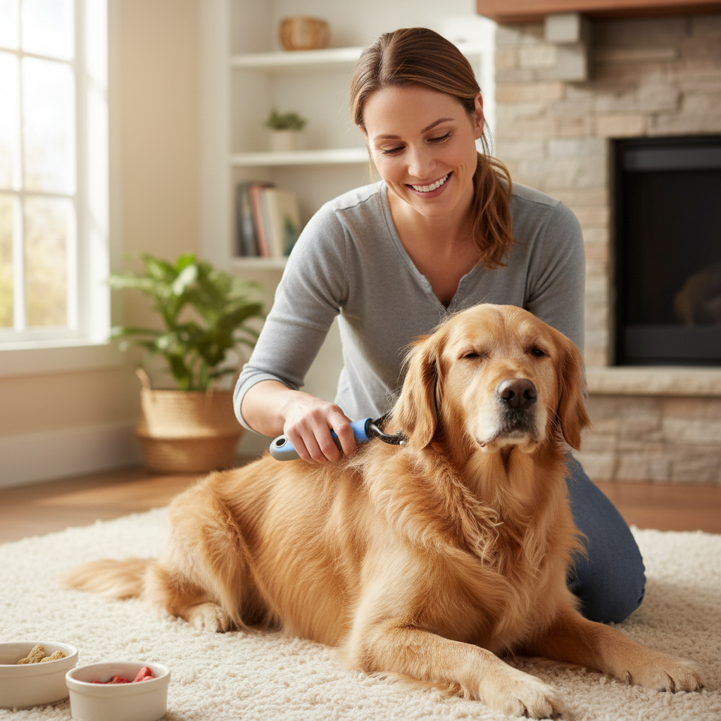 De-shedding grooming brush with blue handle being brushed on golden dog coat.