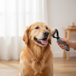 De-shedding dog grooming brush with blue handle and metal pins near golden retriever.
