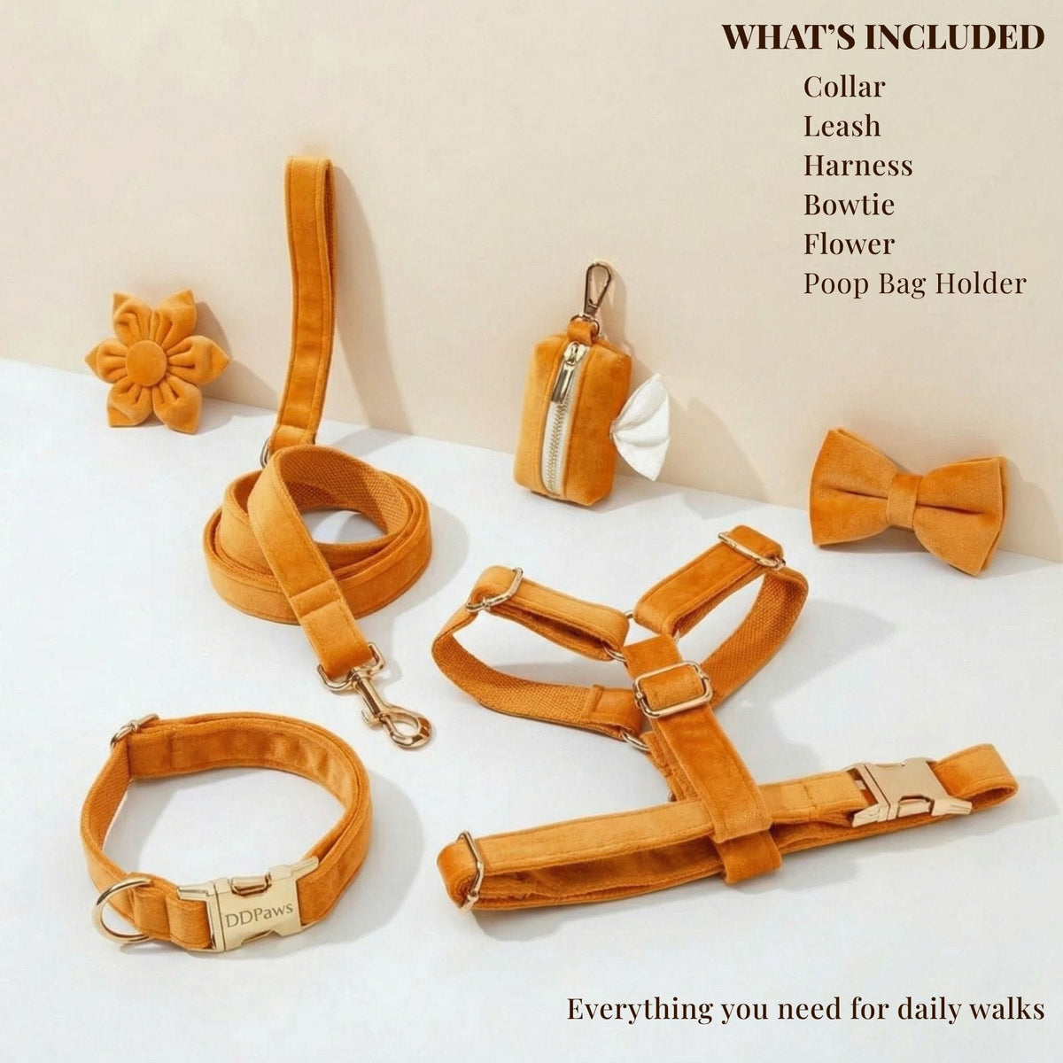 Orange velvet dog walking set with collar, leash, harness, bowtie, flower, and poop bag holder